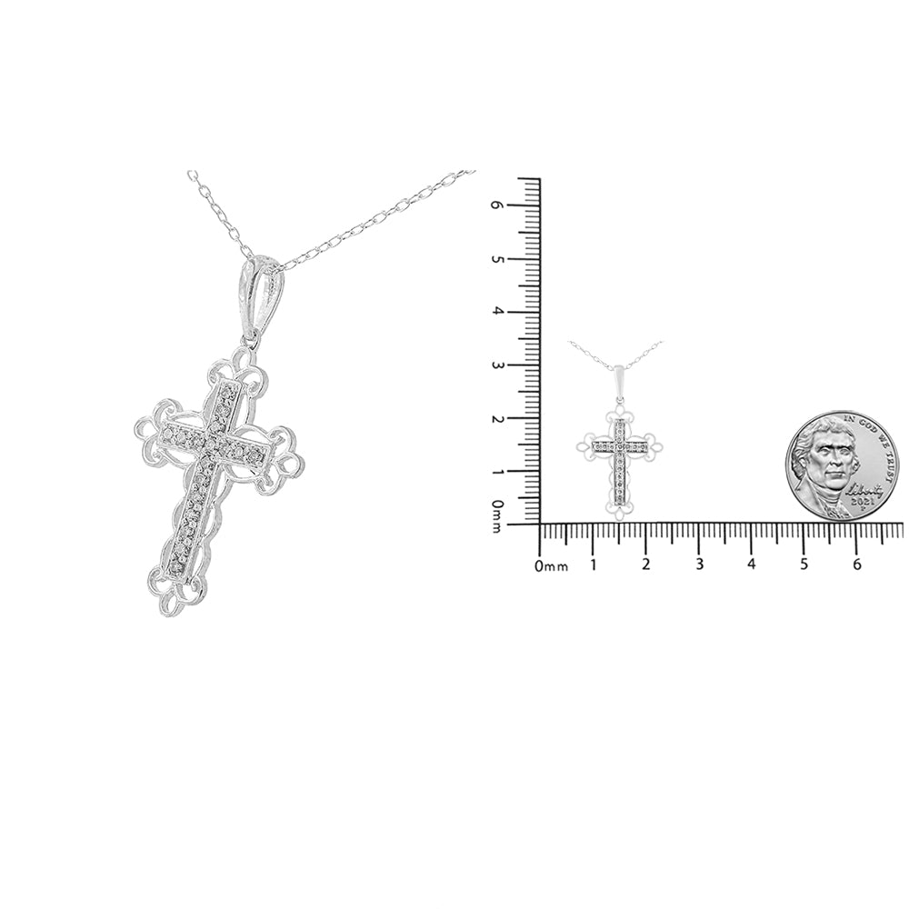 .925 Sterling Silver 1/4 Cttw Round Cut Diamond Art Deco Style Cross 18in Pendant Necklace (J-K Color, I2-I3 Clarity)