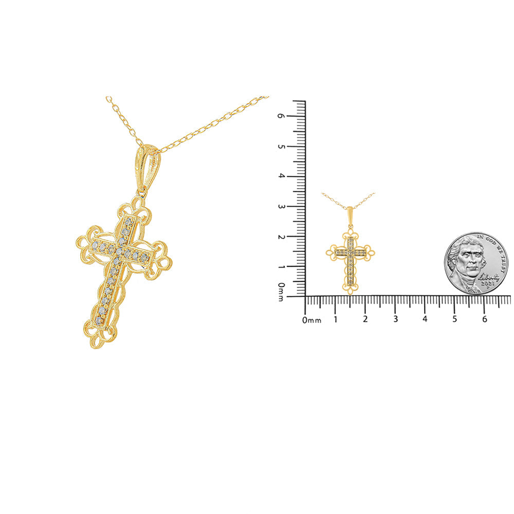 10K Yellow Flashed .925 Sterling Silver 1/4 Cttw Champagne Diamond Filigree Cross Pendant Necklace (K-L Color, I1-I2 Clarity) - 18in