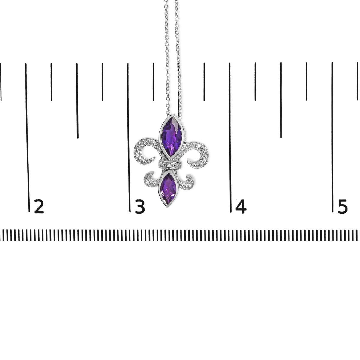 Silver necklace with a purple pendant on a white background