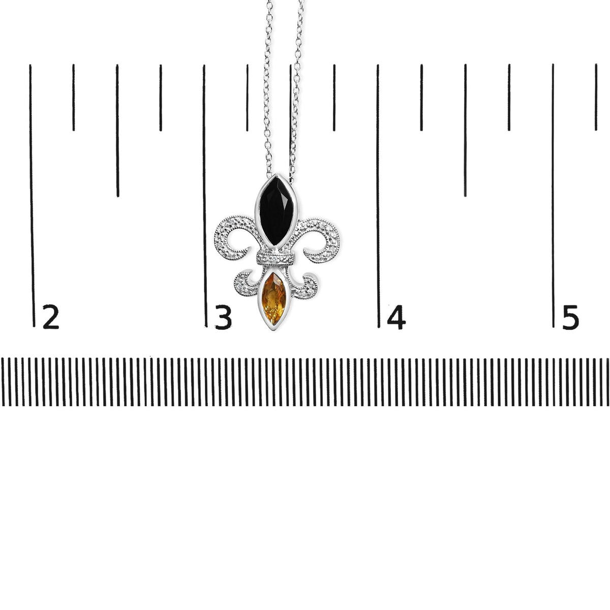 .925 Sterling Silver Marquise Onyx and Citrine and Diamond Accent Fleur De Lis Pendant Necklace (H-I Color, SI1-SI2 Clarity) - 18in