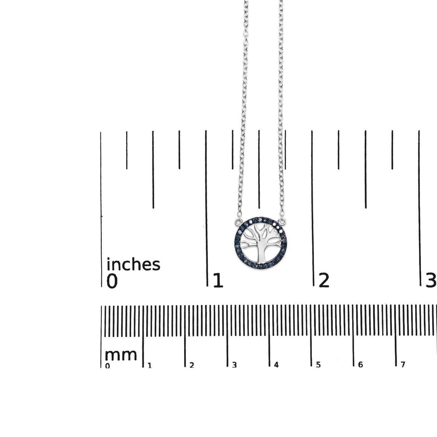 .925 Sterling Silver 1/6 Cttw Blue Diamond Tree of Life and Circle 18in Pendant Necklace (Blue Color, SI1-SI2 Clarity)