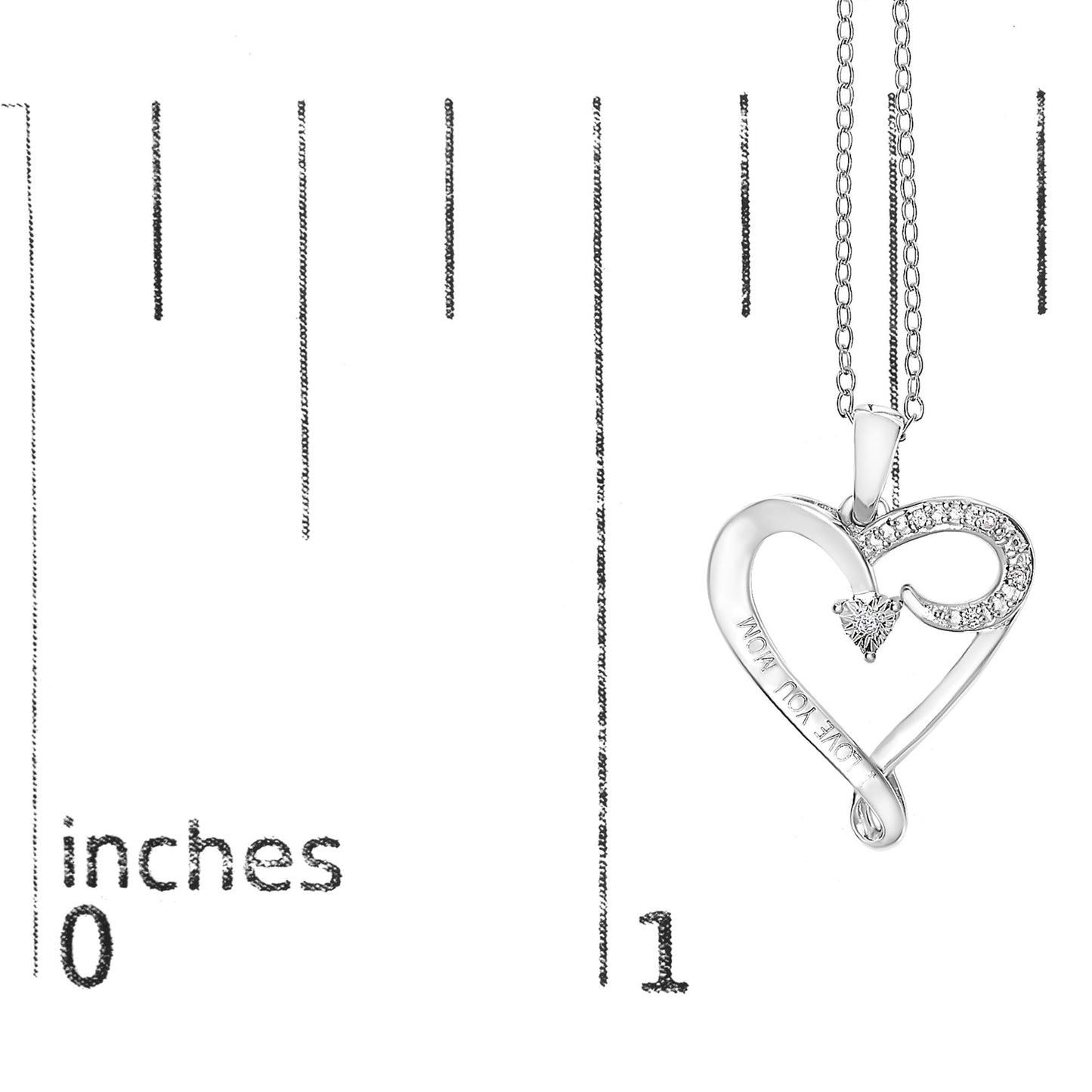 Silver heart-shaped necklace with a star detail on a white background with measurement scale.