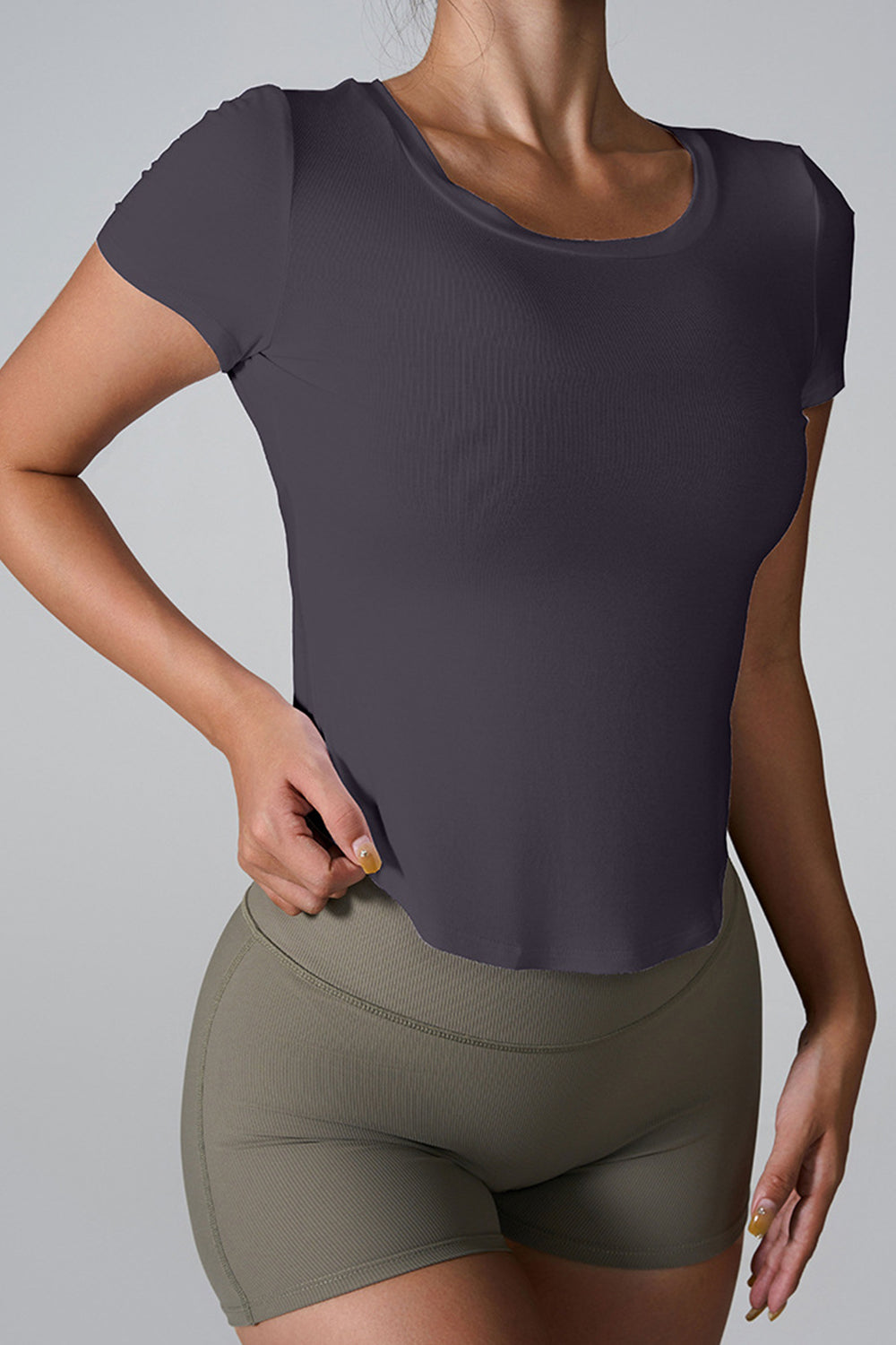 Women's Dark Gray Cutout Back Short Sleeve Active T-Shirt-Front