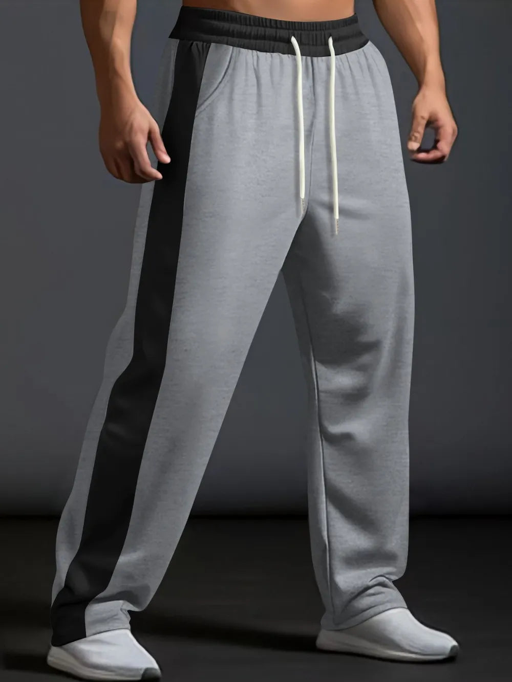 Men's Gray Drawstring Contrast Wide Leg Joggers 