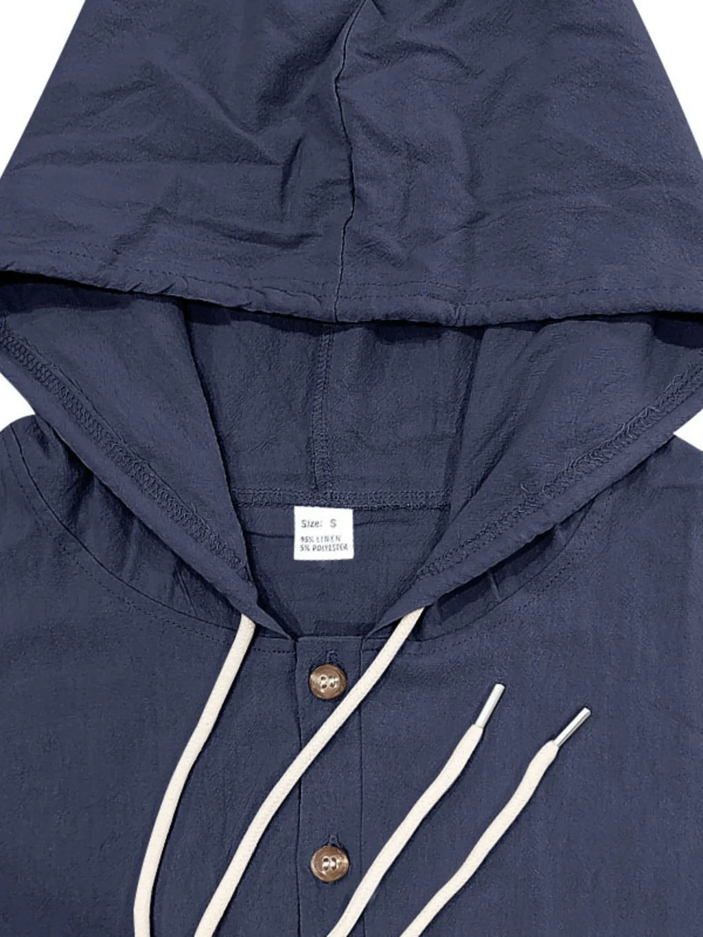 Men's Navy Blue Button Up Drawstring Hooded Top hoodie close up
