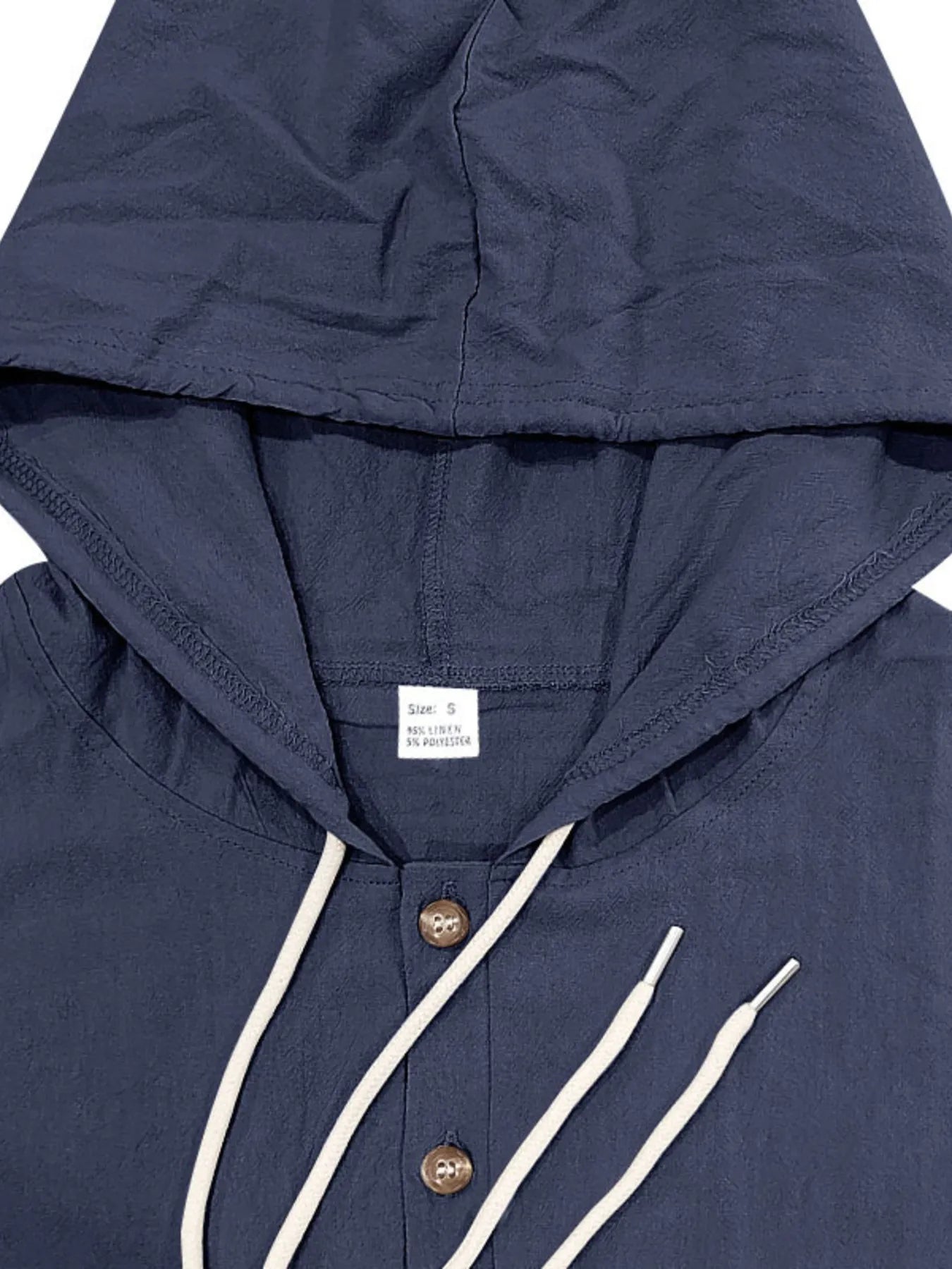Men's Navy Blue Button Up Drawstring Hooded Top hoodie close up