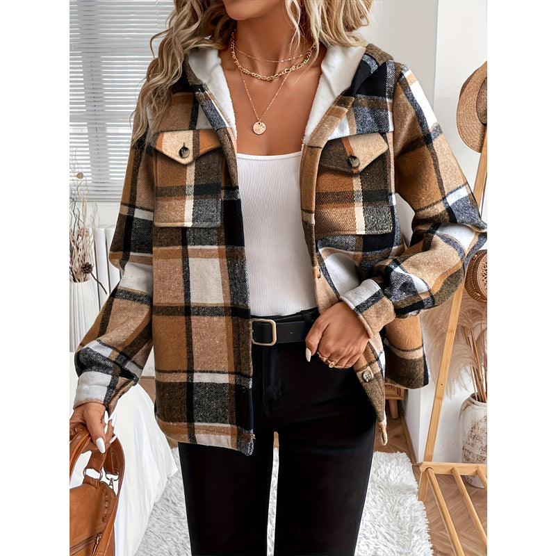 Timeless Plaid Elegance: Fleece-Lined Hooded Jacket for Autumnal Grace