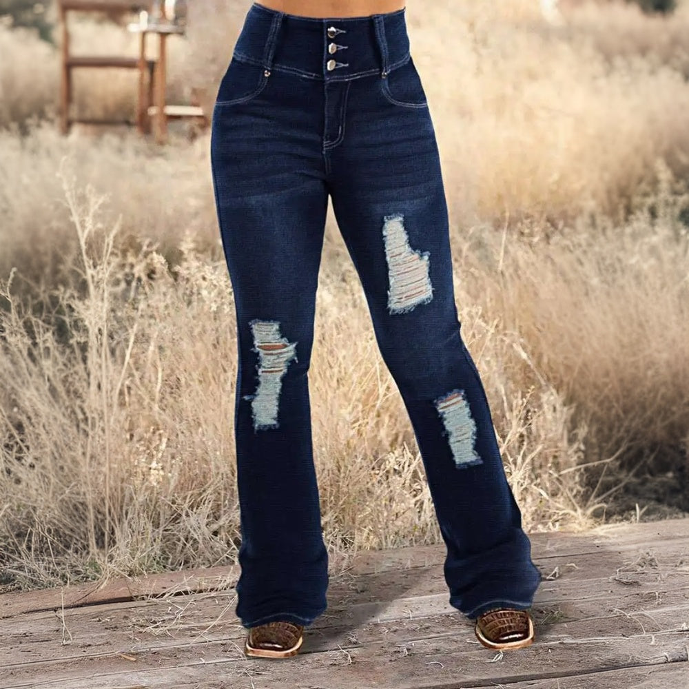 Rebellious Silhouette: High-Waisted Ripped Flare Jeans with Edgy Denim Allure