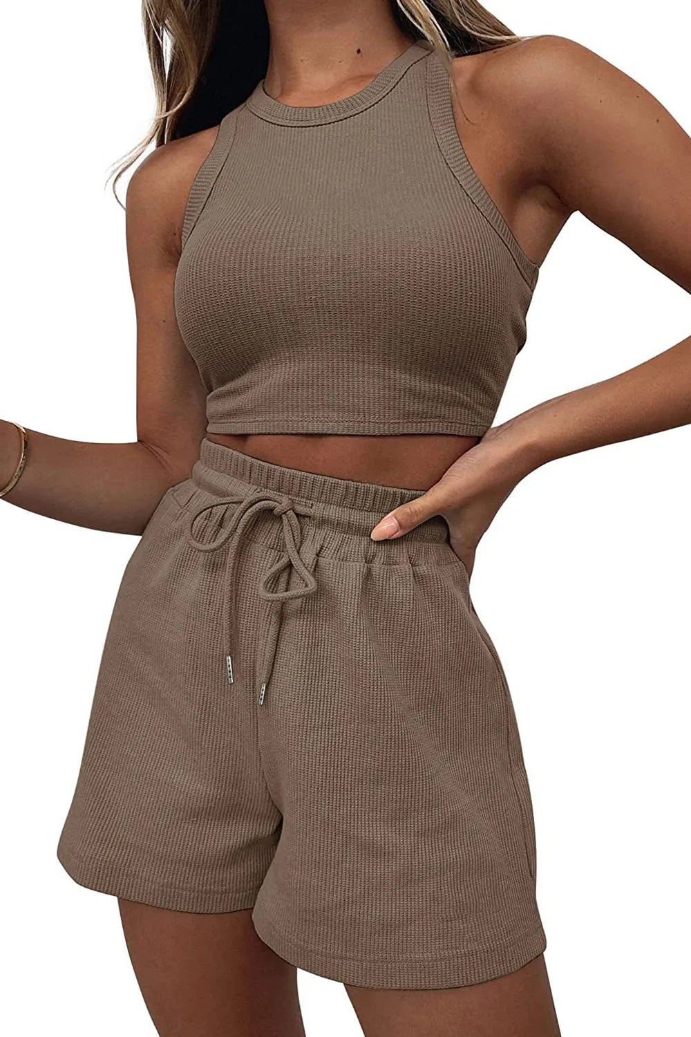 Brown ribbed tank top and shorts set on a white background