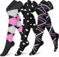 Three pairs of patterned socks with pink, gray, and blue designs on a white background.
