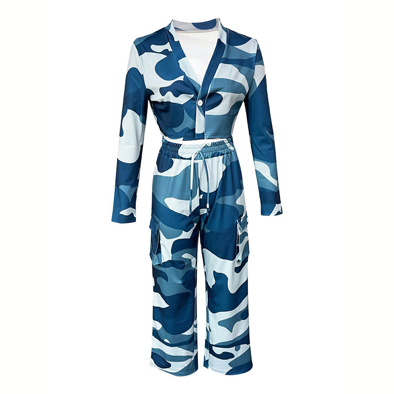 Camo Canvas: V-Neck Crop Top & Drawstring Cargo Pants 2-Piece Set for Edgy Seasons