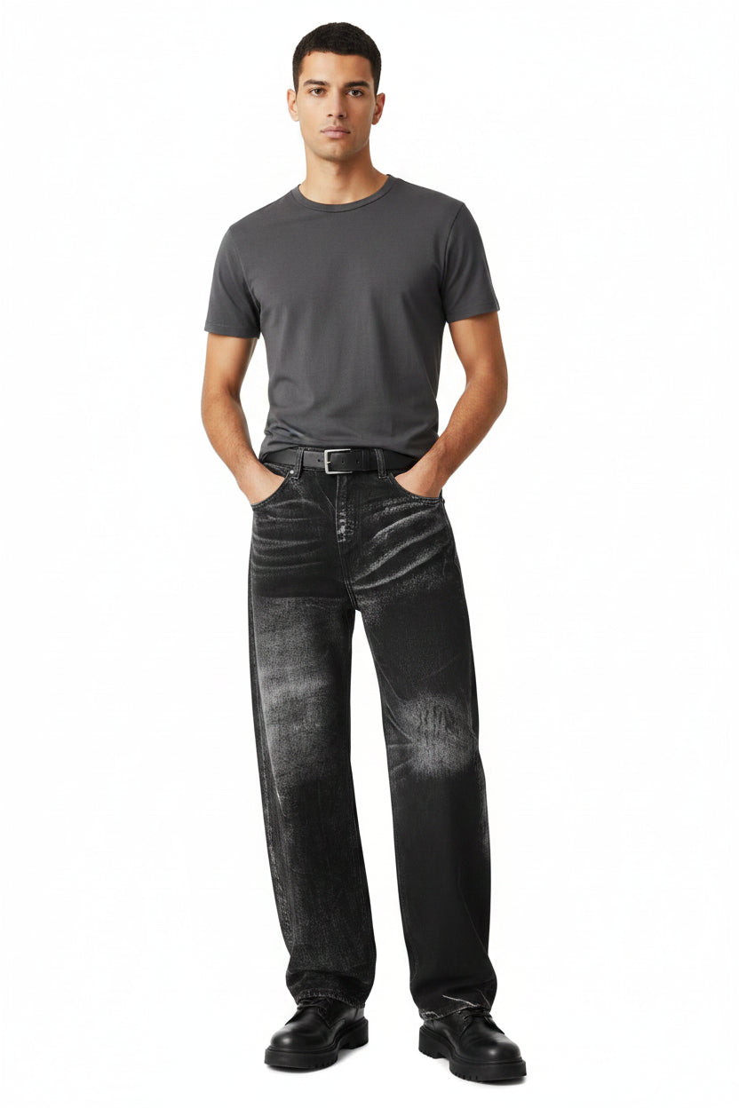 Male model wearing a pair of Men's Charcoal Black Faded Detailed Jeans