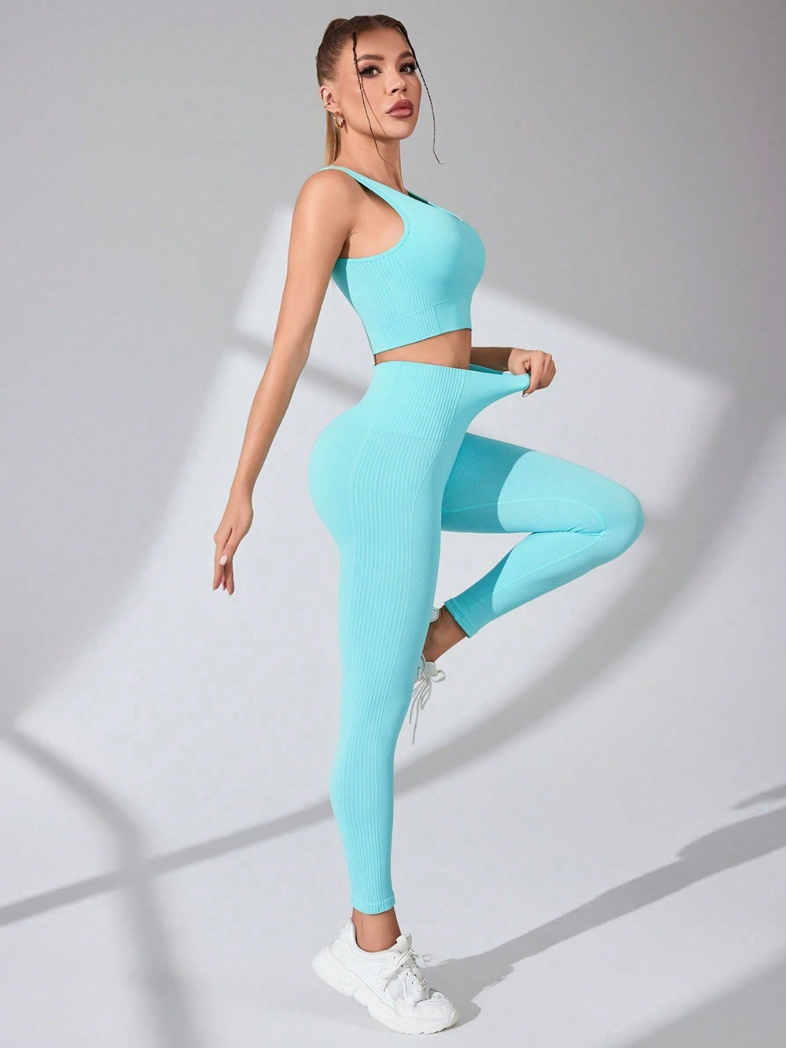 Women's Tiffany Blue Scoop Neck Wide Strap Top and Pants Performance Set - Stylish and High-Performance Activewear-side view