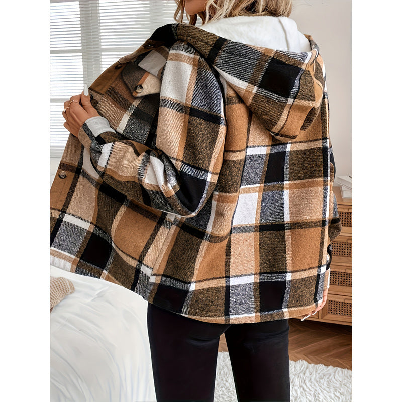 Timeless Plaid Elegance: Fleece-Lined Hooded Jacket for Autumnal Grace