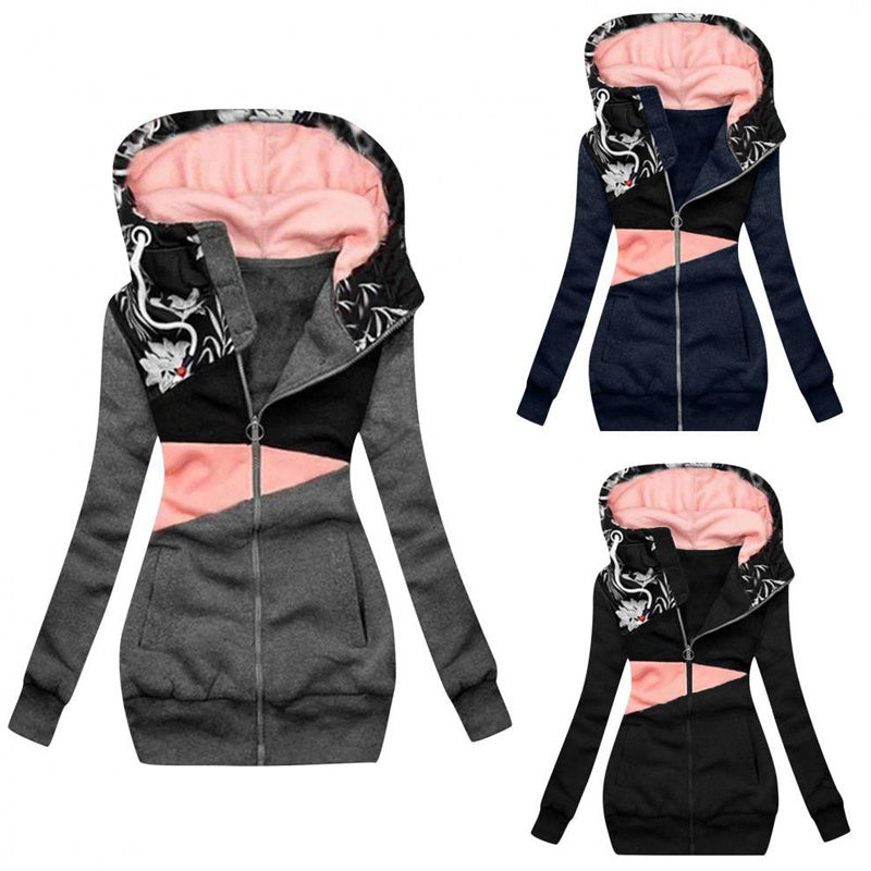 Vibrant Mosaic Mastery: Color-Block Hooded Full-Zip Jacket for Effortless Elegance
