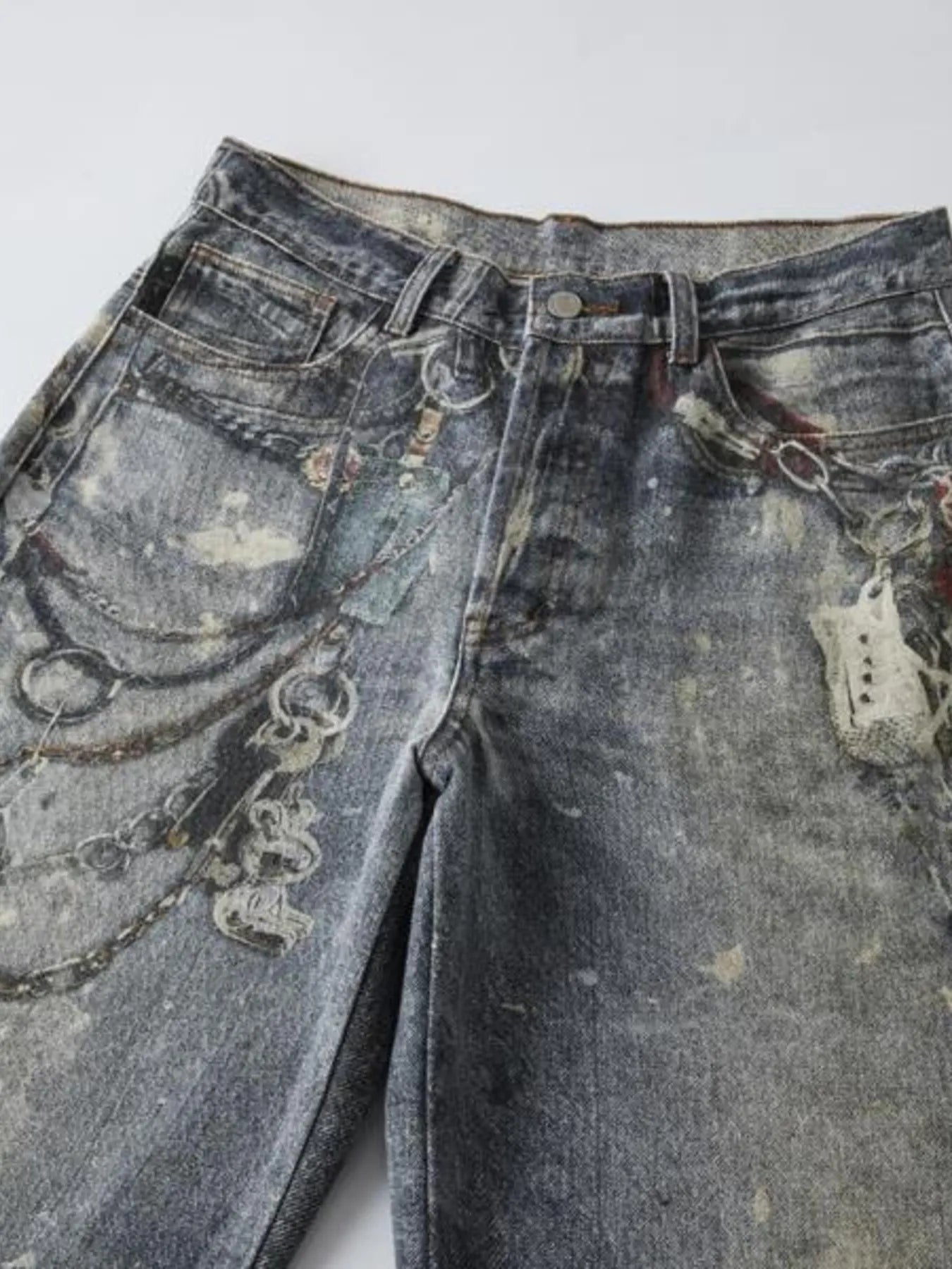 Up close detail of a pair  Modern Men's Distressed Printed Wide Leg Jeans