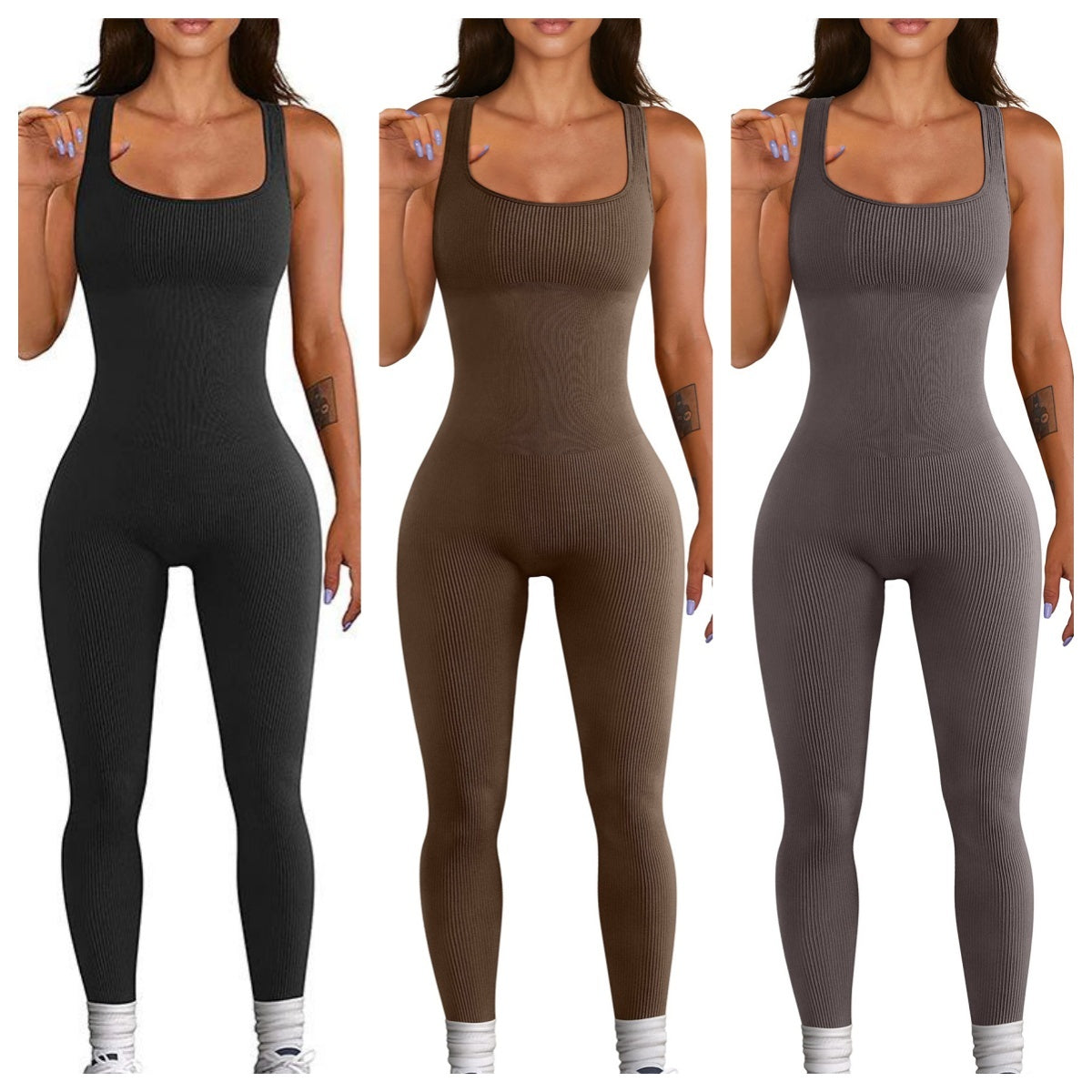 Three women wearing black, brown, and gray bodysuits on a white background