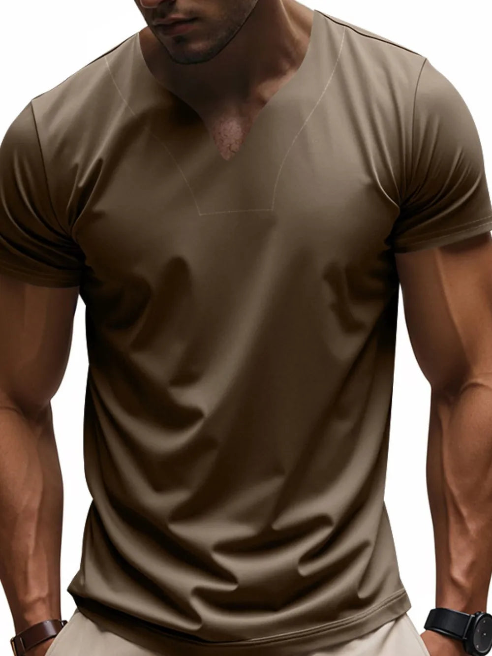 Model wearing a taupe brown Men's Modern V-Neck Fitted Short Sleeve T-Shirt 