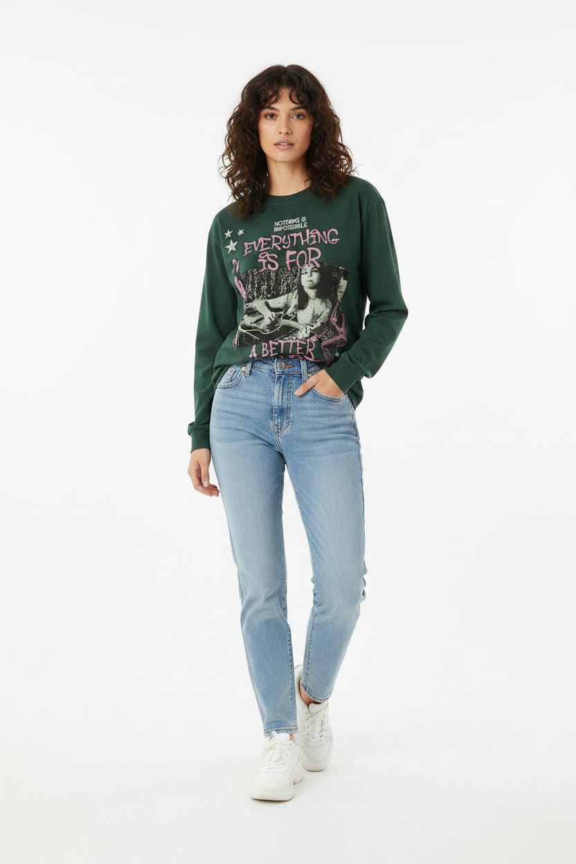 Female model wearing a green Fierceguy Unisex "Better Start" Graphic Long Sleeve T-Shirt