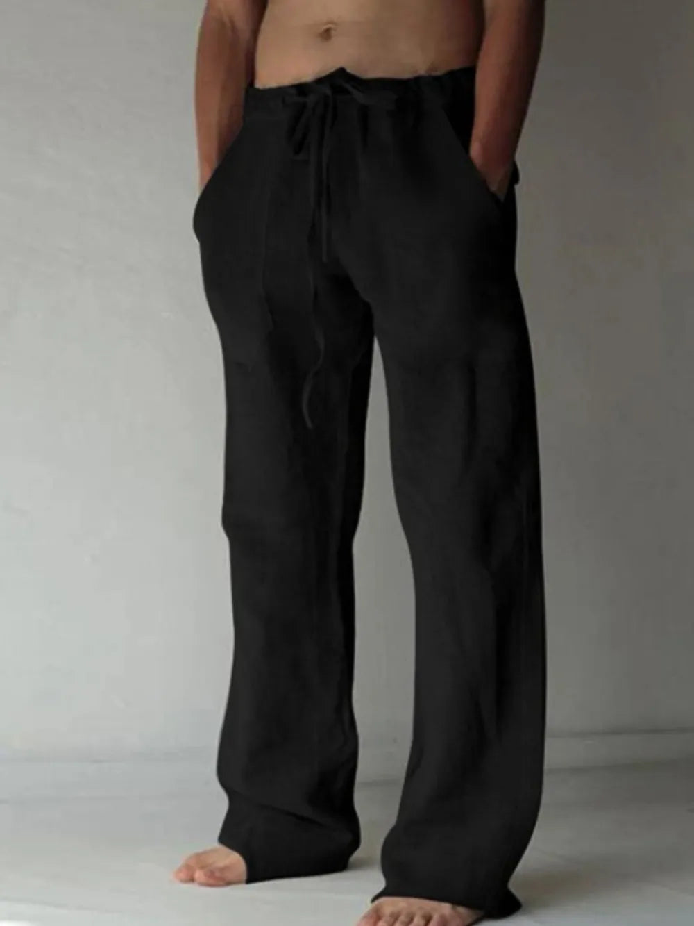 Black linen Drawstring Loose Fit Pants  worn by a male model