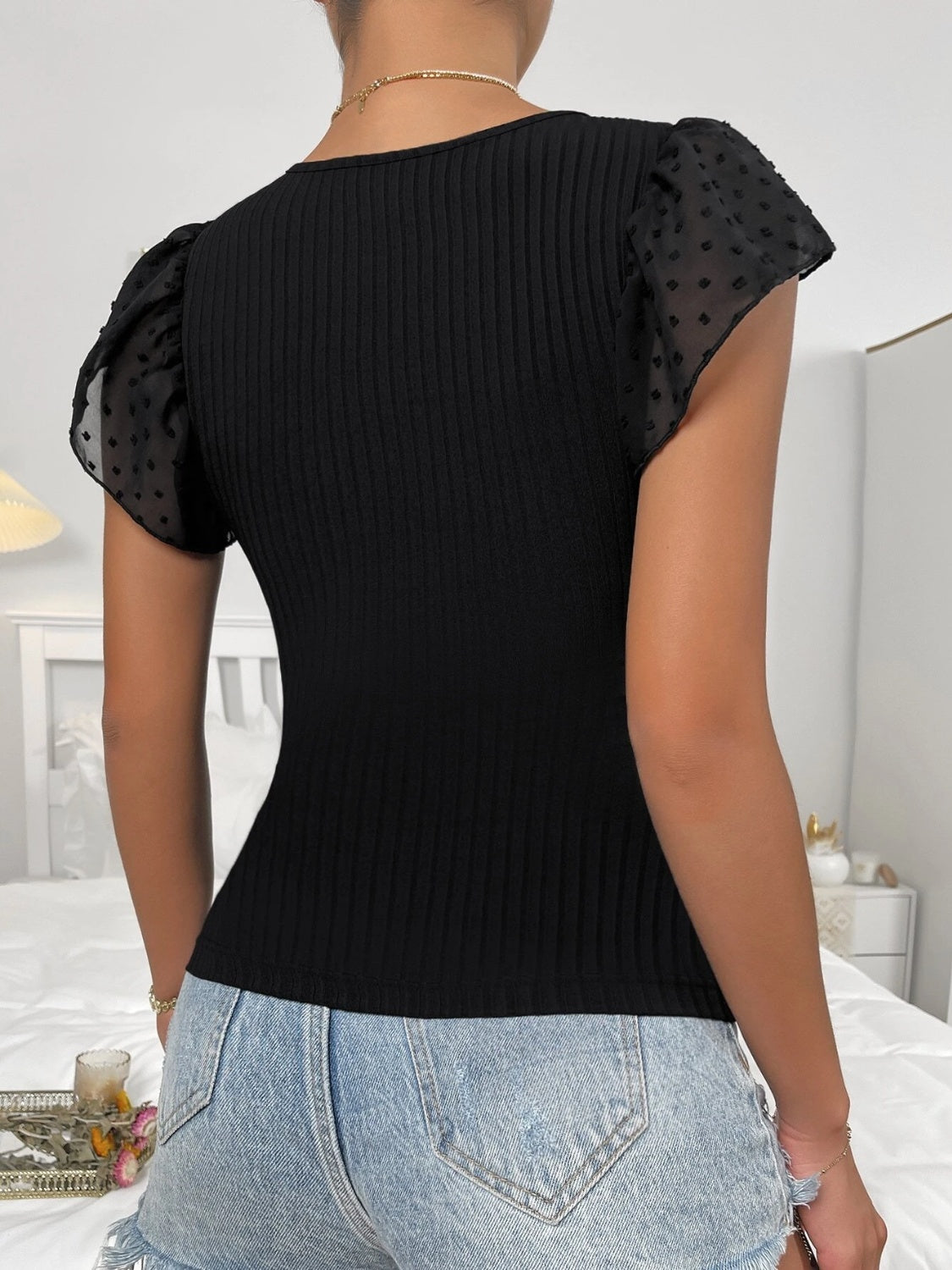 Women's Black Slighty Stretchy Fashionable Swiss Dot Ruffle Cap Sleeve Blouse-back view