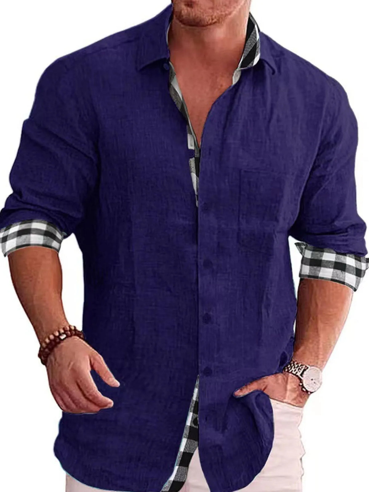 Male model wearing a violet Casual Linen Plaid-Trim Button Down Shirt