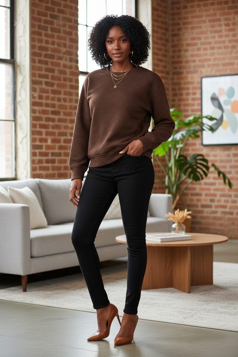 A woman stands in a modern living room wearing a brown Women's Textured Geometric Pullover Sweatshirt, black skinny jeans, and brown pointed-toe heels.