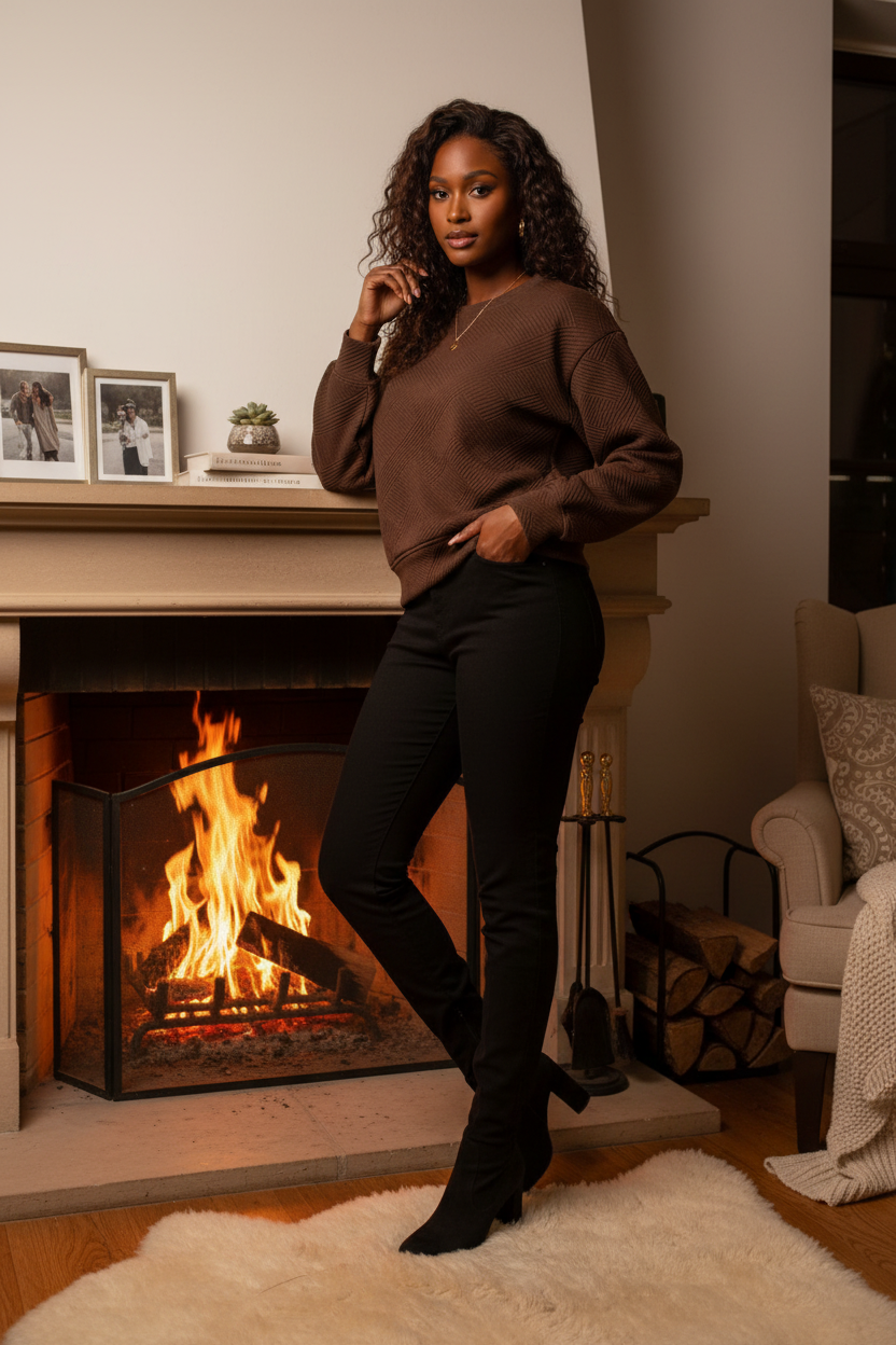 A woman stands in front of a lit fireplace wearing a Women's Textured Geometric Pullover Sweatshirt, black pants, and black ankle boots in a cozy living room setting.
