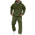 Model wear a Men's Winter Cargo Sweat Suit Set army green
