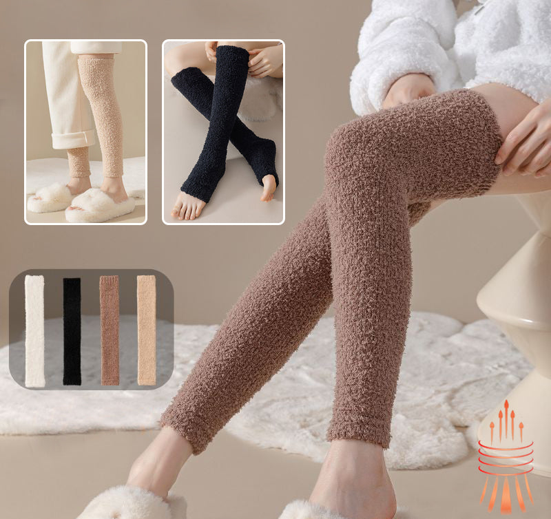 Person wearing brown fuzzy leggings with inset images of different leg warmers.