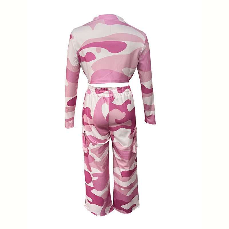 Camo Canvas: V-Neck Crop Top & Drawstring Cargo Pants 2-Piece Set for Edgy Seasons