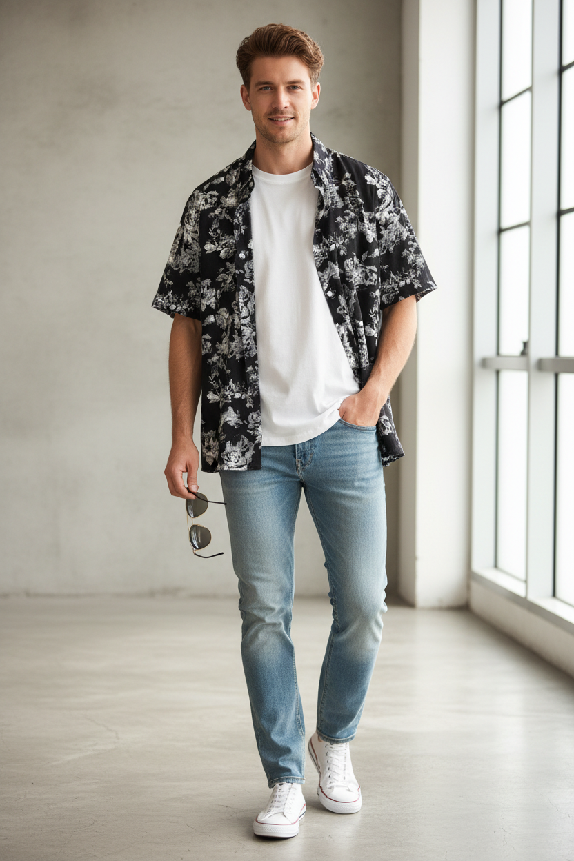Model wearing a Men's Flower Printed Button Up black Short Sleeve Shirt