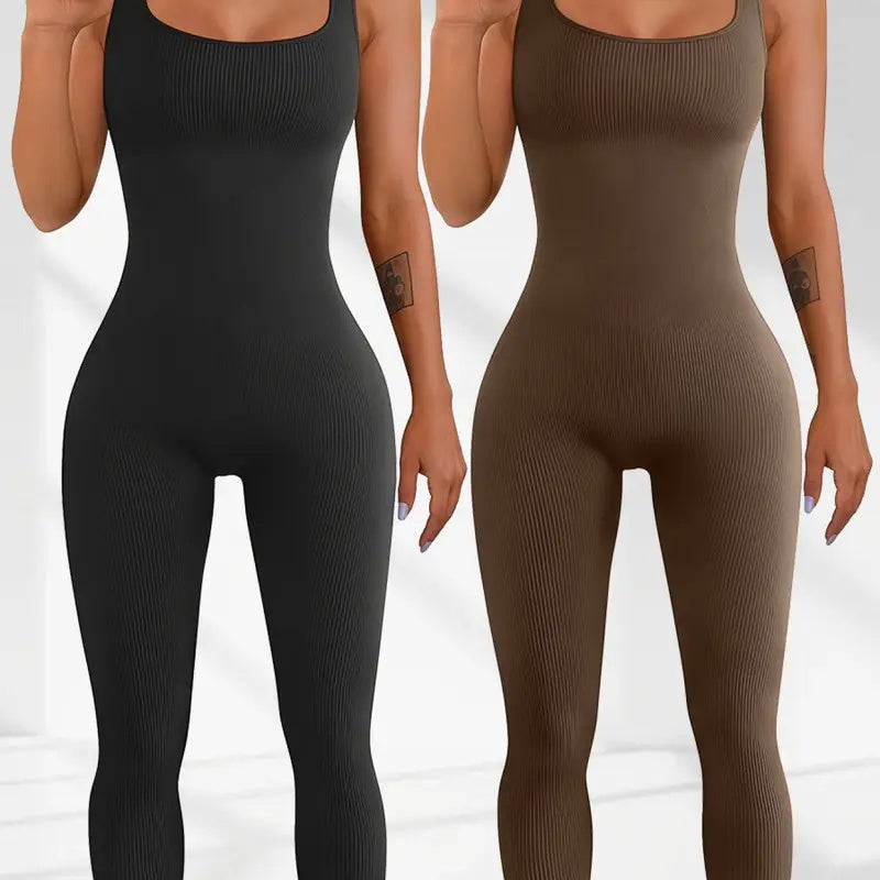 Two ribbed jumpsuits, one black and one brown, on a white background.