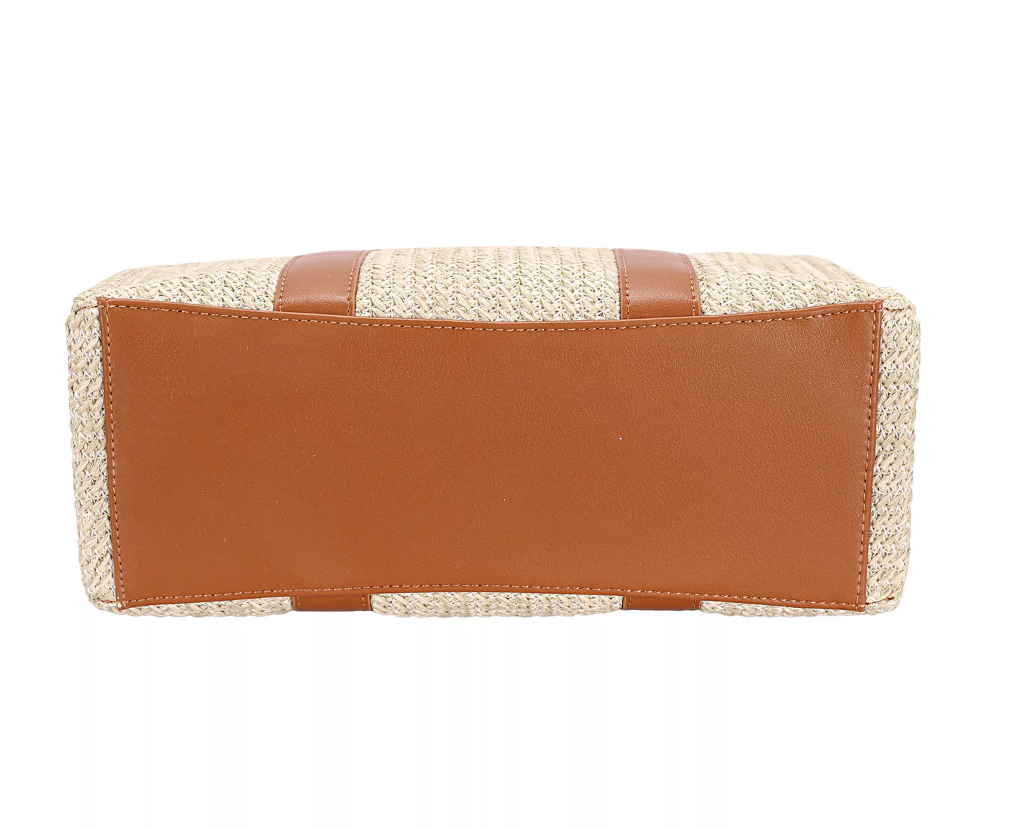 Rectangular ottoman with woven top and brown leather sides on a white background