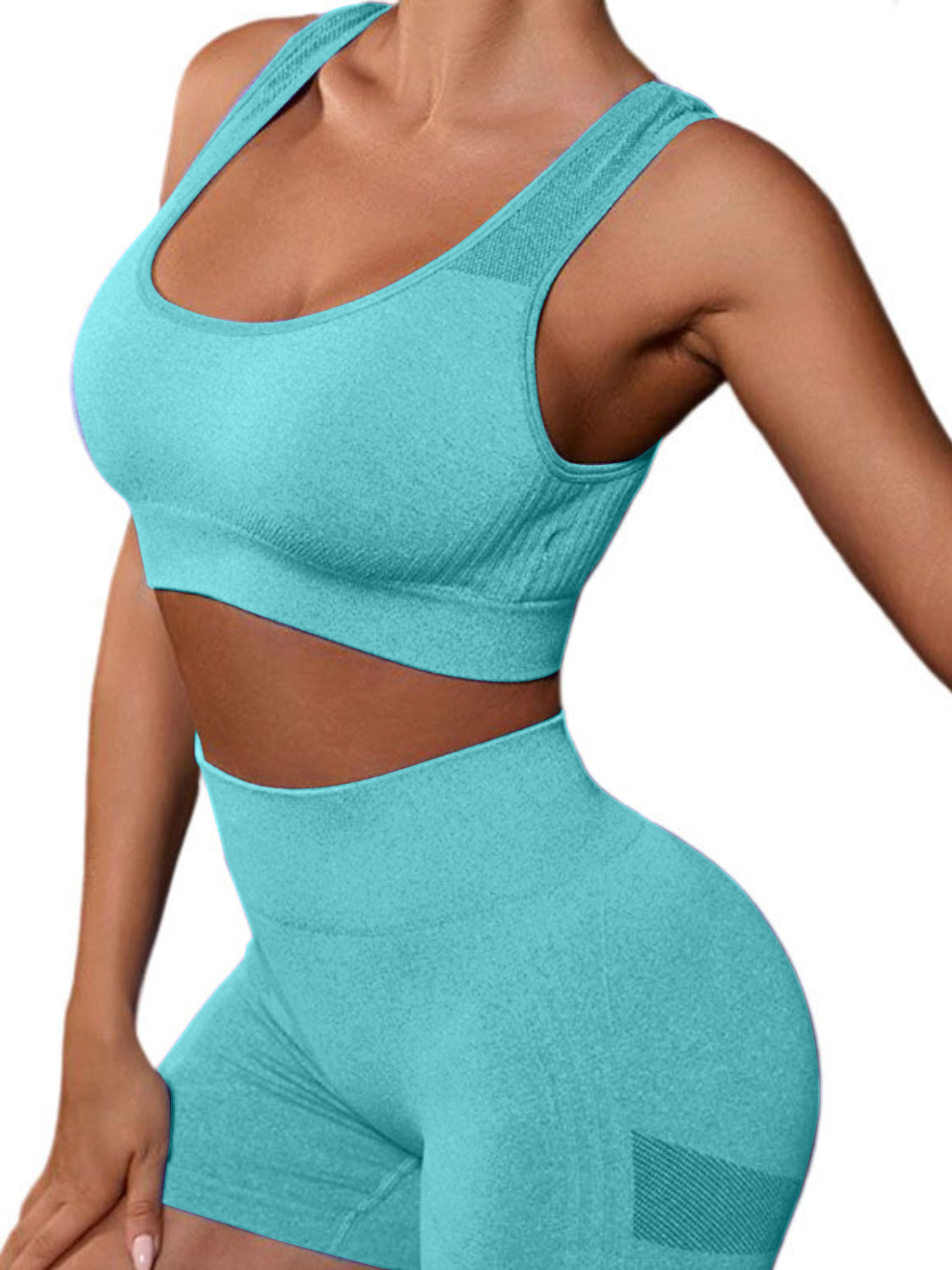 Women's Aqua Cutout Back Tank and Shorts Active Set-Front