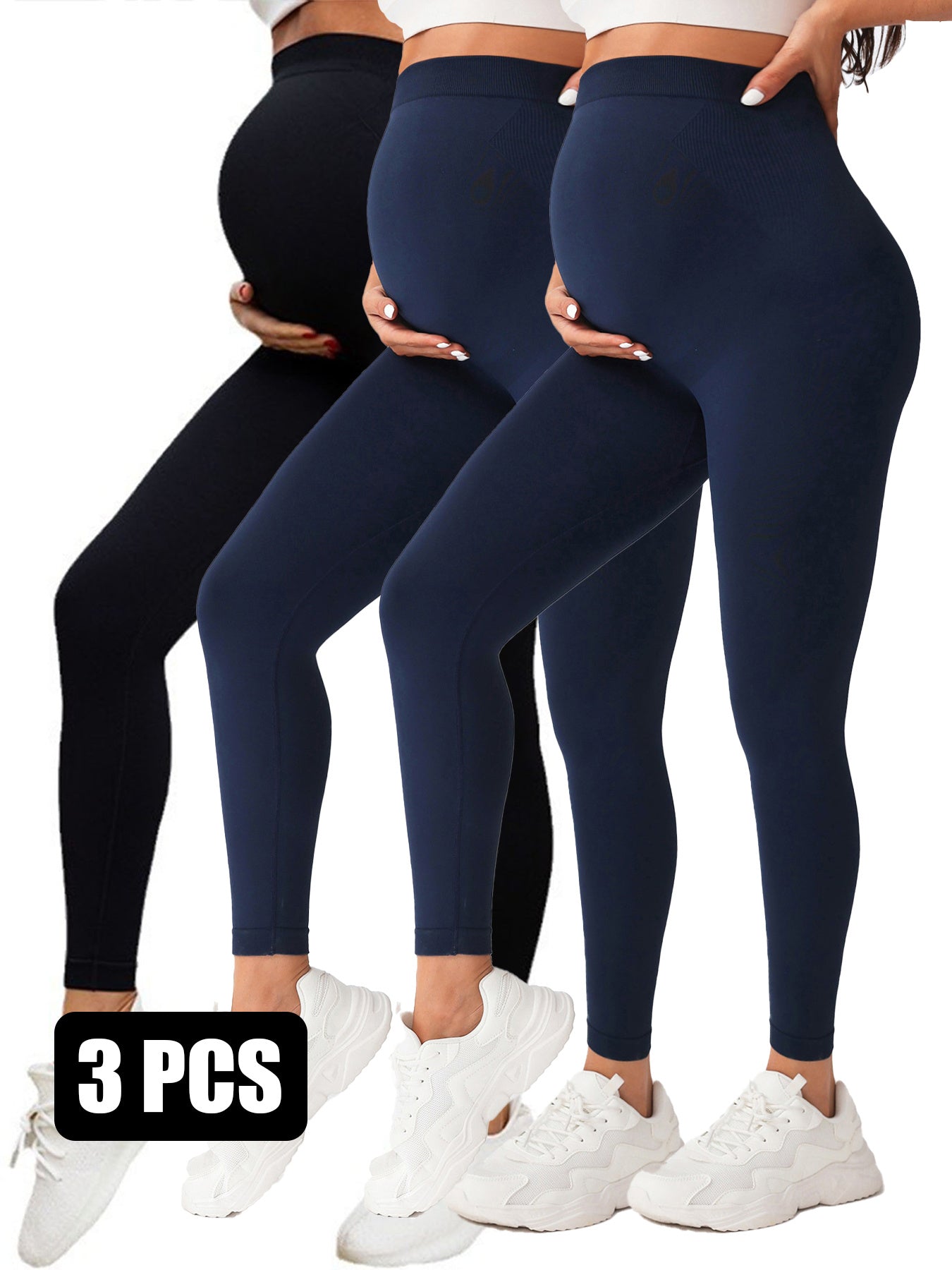 Three pairs of navy blue leggings worn by models on a white background