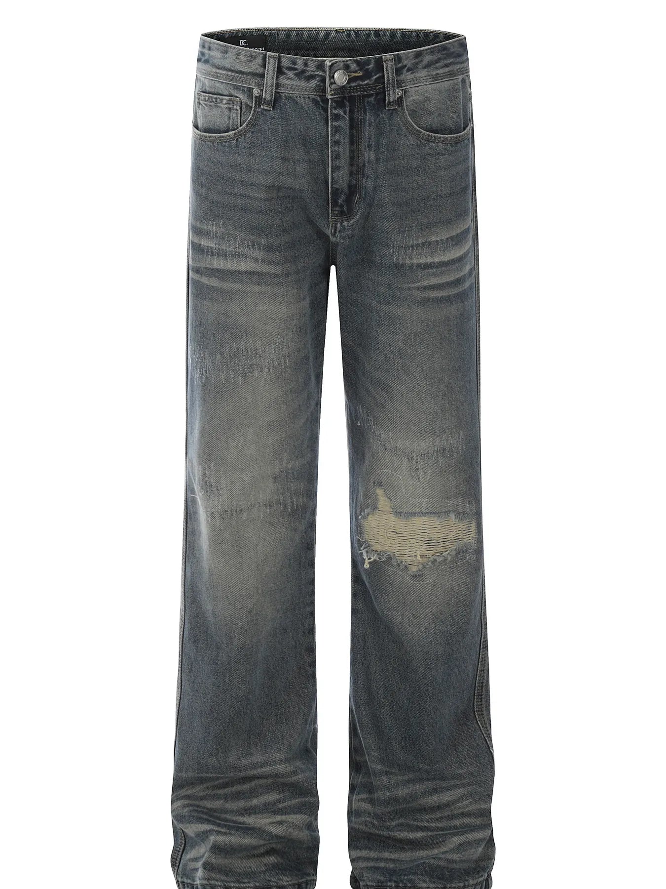 Men's Whisker Washed Distressed Straight Jeans