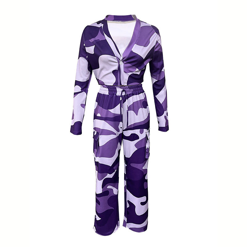 Camo Canvas: V-Neck Crop Top & Drawstring Cargo Pants 2-Piece Set for Edgy Seasons