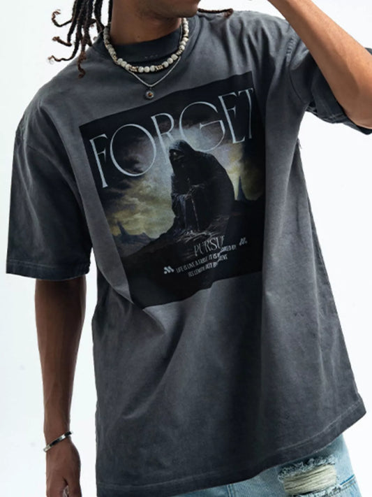 Fierceguy Vintage Wash "Forget" Graphic Oversized Grey T-Shirt