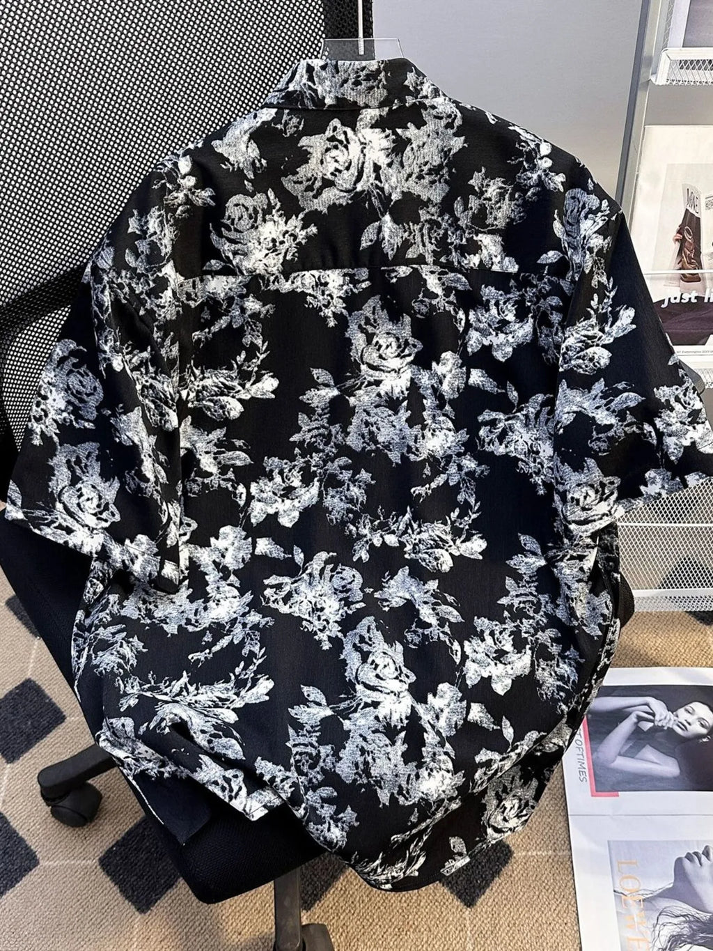 Men's Flower Printed Button Up black Short Sleeve Shirt back