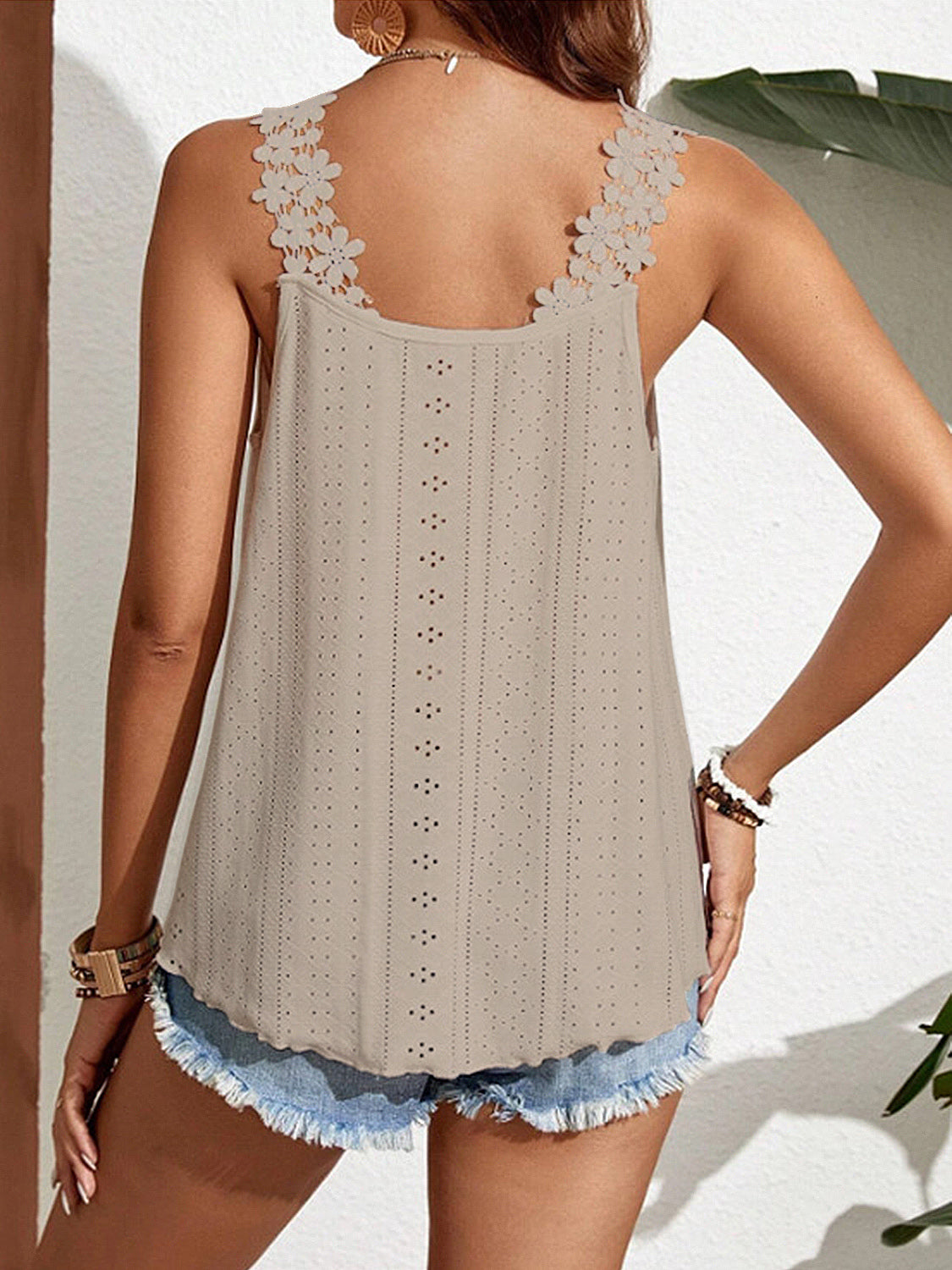 Back view of Model wearing a Dust Storm Women's Floral Shoulder Laced Detail Scoop Neck Tank