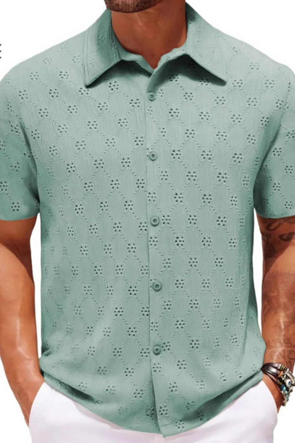 Men's Air Force Blue Perforated Short Sleeve Casual Button Down Shirt