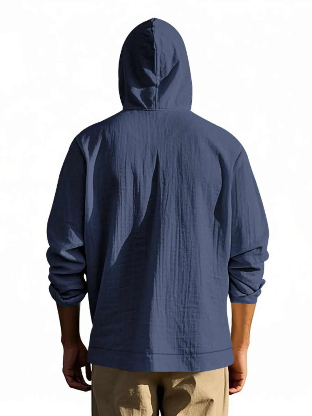 Men's Navy Blue Button Up Drawstring Hooded Top back view