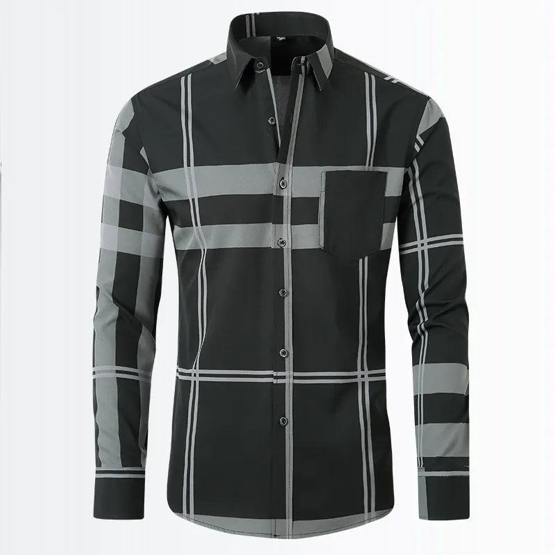 Men's Gray Plaid Geometric Long Sleeve Shirt