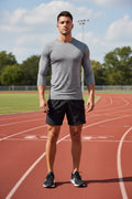 Model wearing a Gray long-sleeve Men's Breathable Round Neck Active T-Shirt