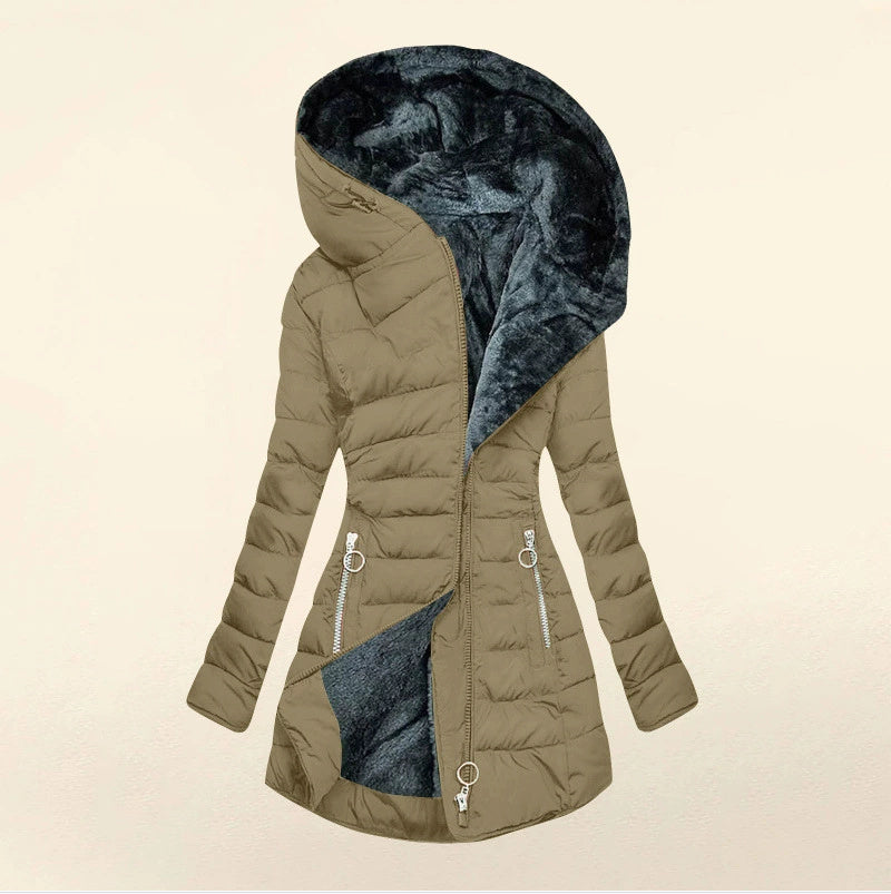 Velvet Whisper: Hooded Long-Sleeved Warm Cotton Puffer Jacket in Bold Hues