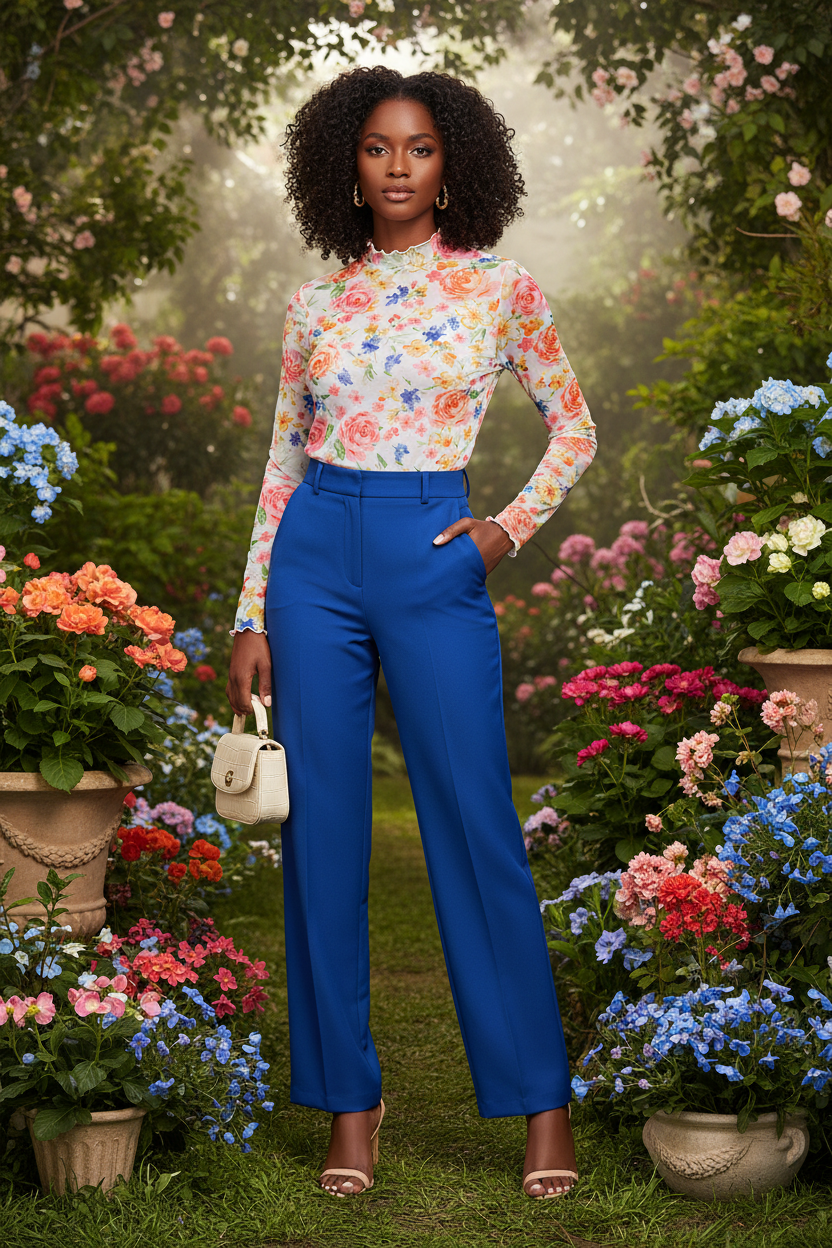 A woman stands in a lush garden setting wearing a White Floral Print Lettuce Trim Sheer Blouse and bright royal blue wide-leg trousers, holding a small cream handbag.