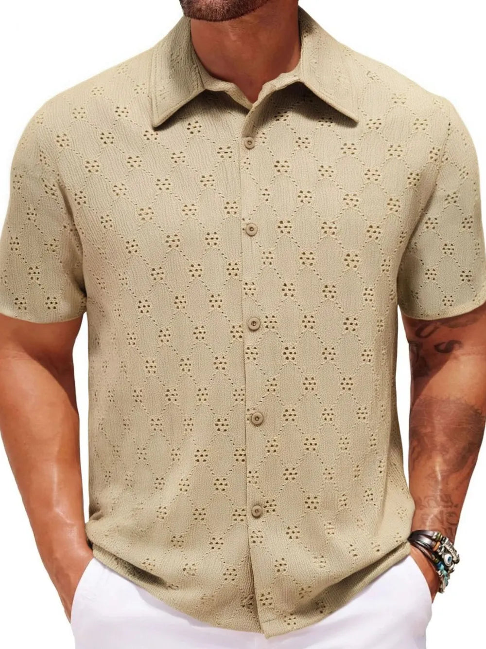 Model wearing a Men's Khaki Perforated Short Sleeve Casual Button Down Shirt