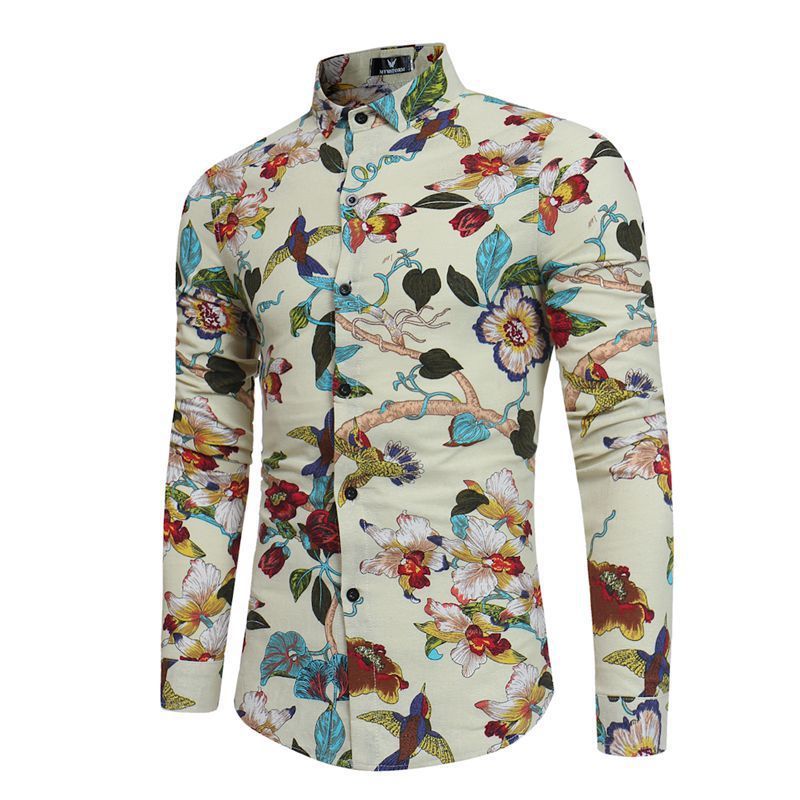 Angle view of Men's casual shirt with creamy-white background and colorful hummingbird and floral print