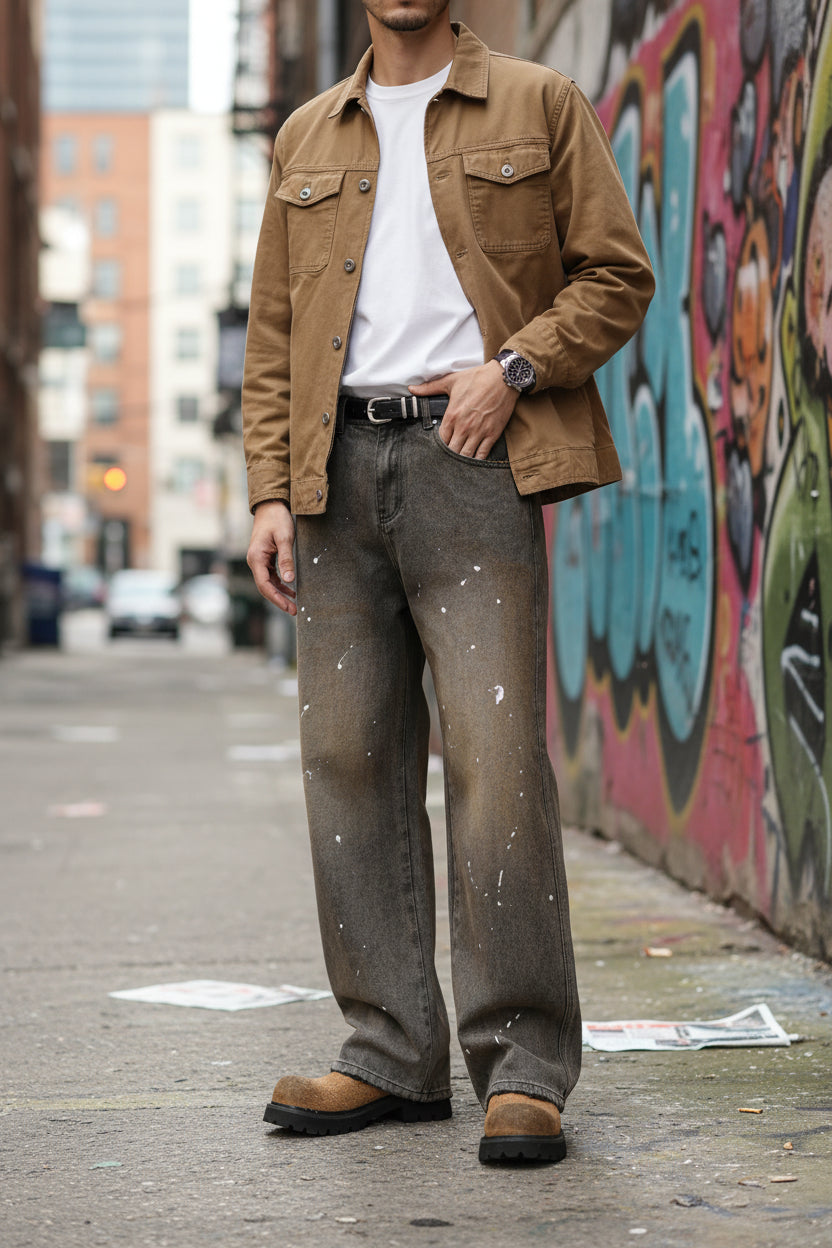 Male model wearing a pair of Paint Splatter Wide Leg Jeans